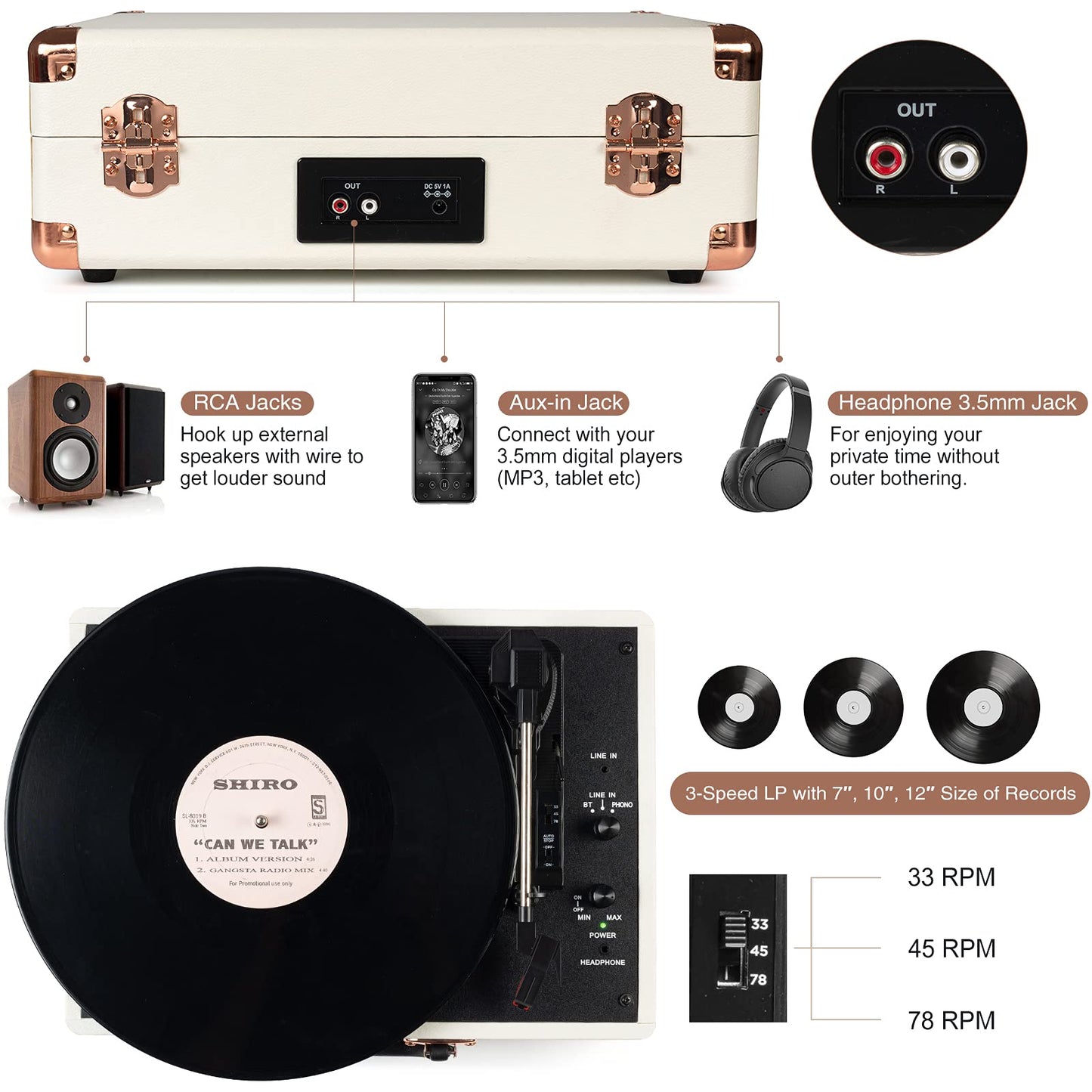 Portable Platine Vinyle à 3 Vitesses 33/45/78 Tourne Disque avec Enceintes Intégrées, AUX in et Prise RCA, Conception de Valise Rétro Vintage