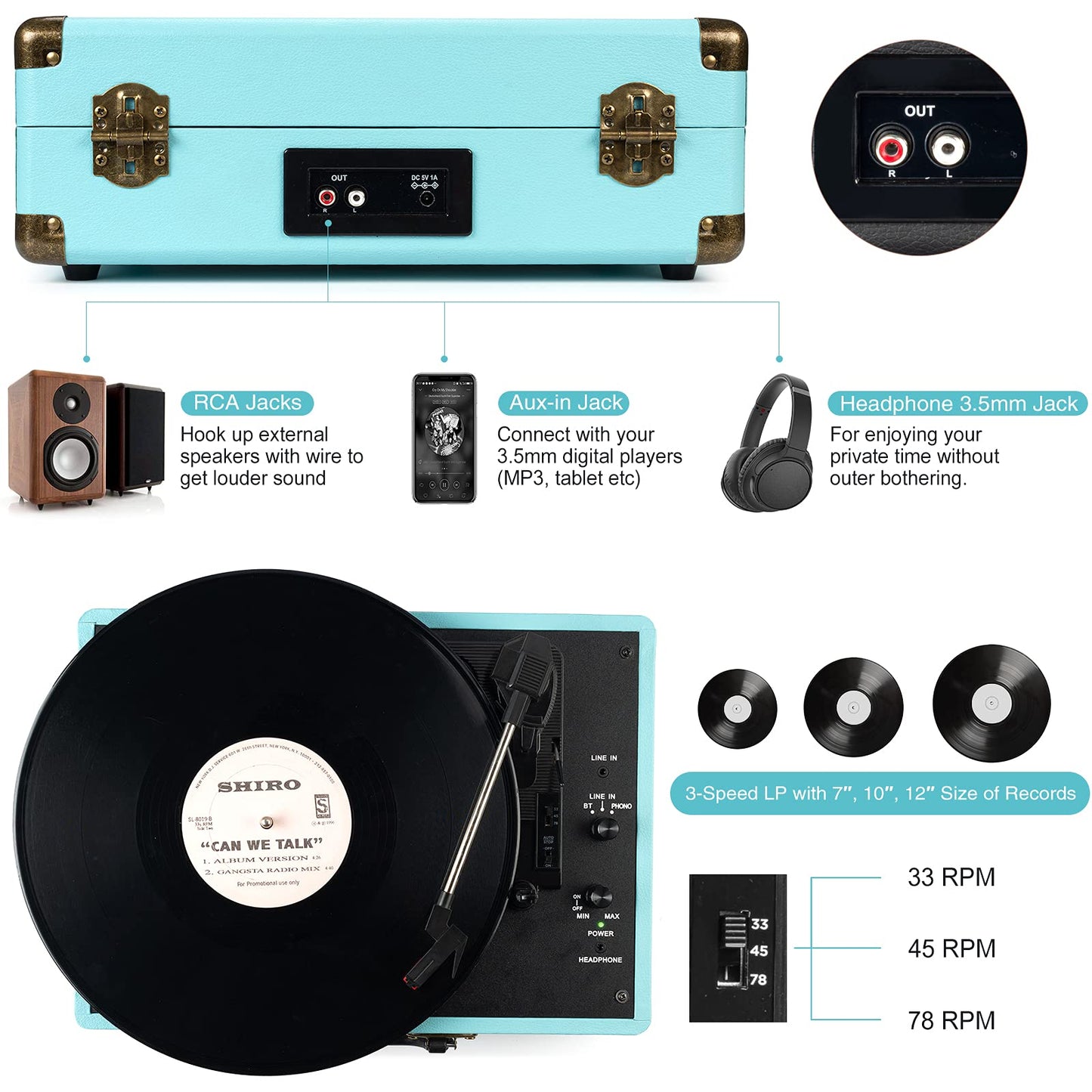 Portable Platine Vinyle à 3 Vitesses 33/45/78 Tourne Disque avec Enceintes Intégrées, AUX in et Prise RCA, Conception de Valise Rétro Vintage