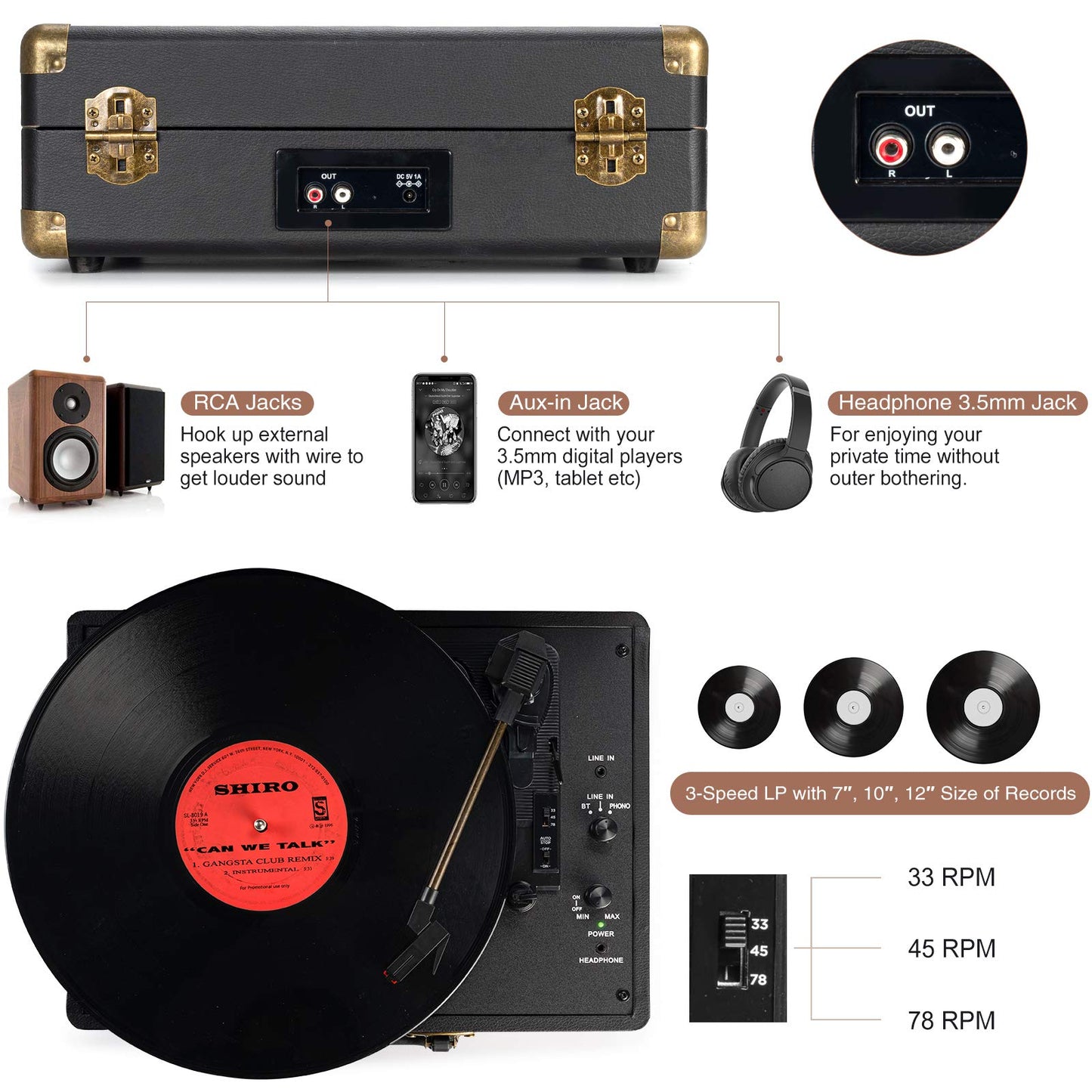 Portable Platine Vinyle à 3 Vitesses 33/45/78 Tourne Disque avec Enceintes Intégrées, AUX in et Prise RCA, Conception de Valise Rétro Vintage