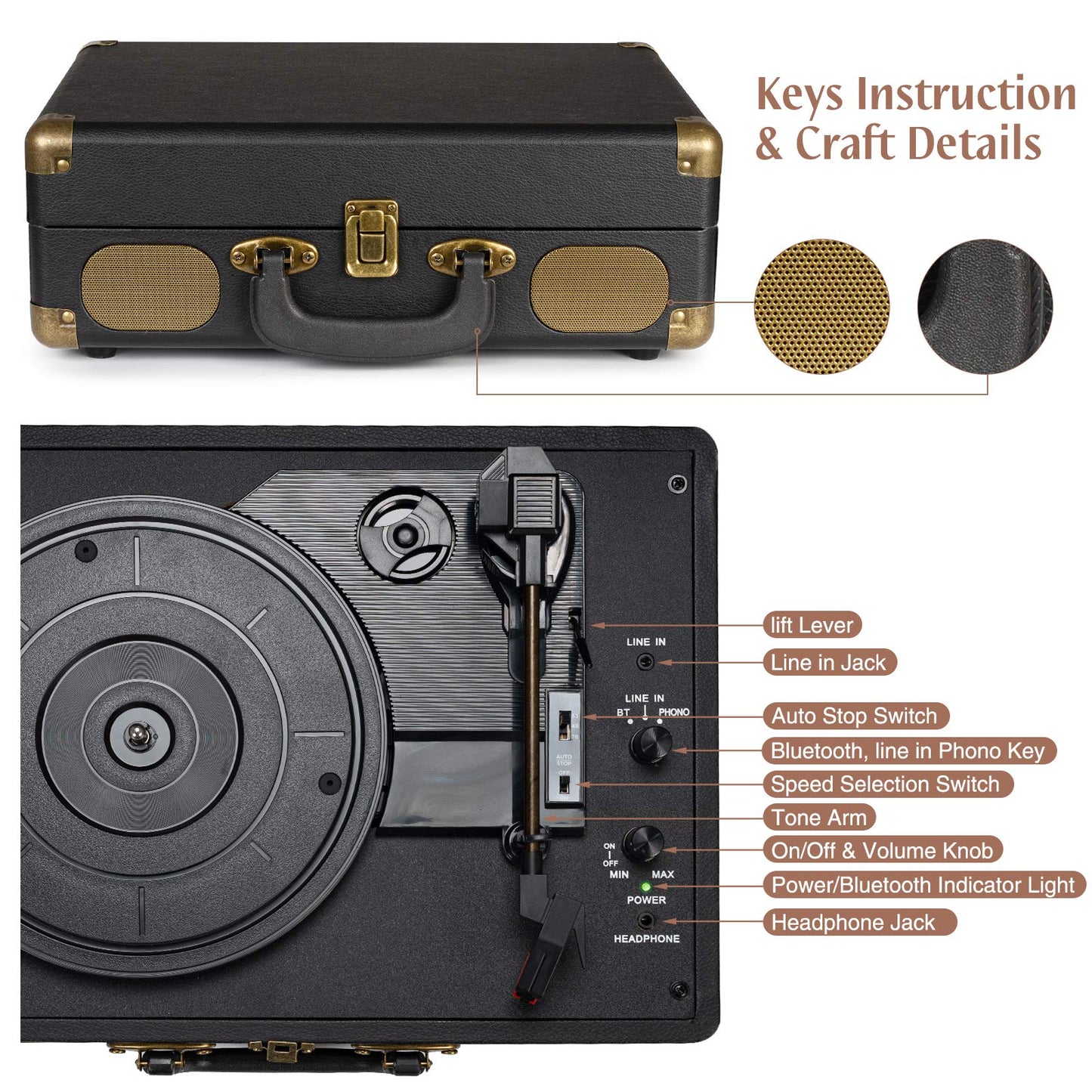 Portable Platine Vinyle à 3 Vitesses 33/45/78 Tourne Disque avec Enceintes Intégrées, AUX in et Prise RCA, Conception de Valise Rétro Vintage