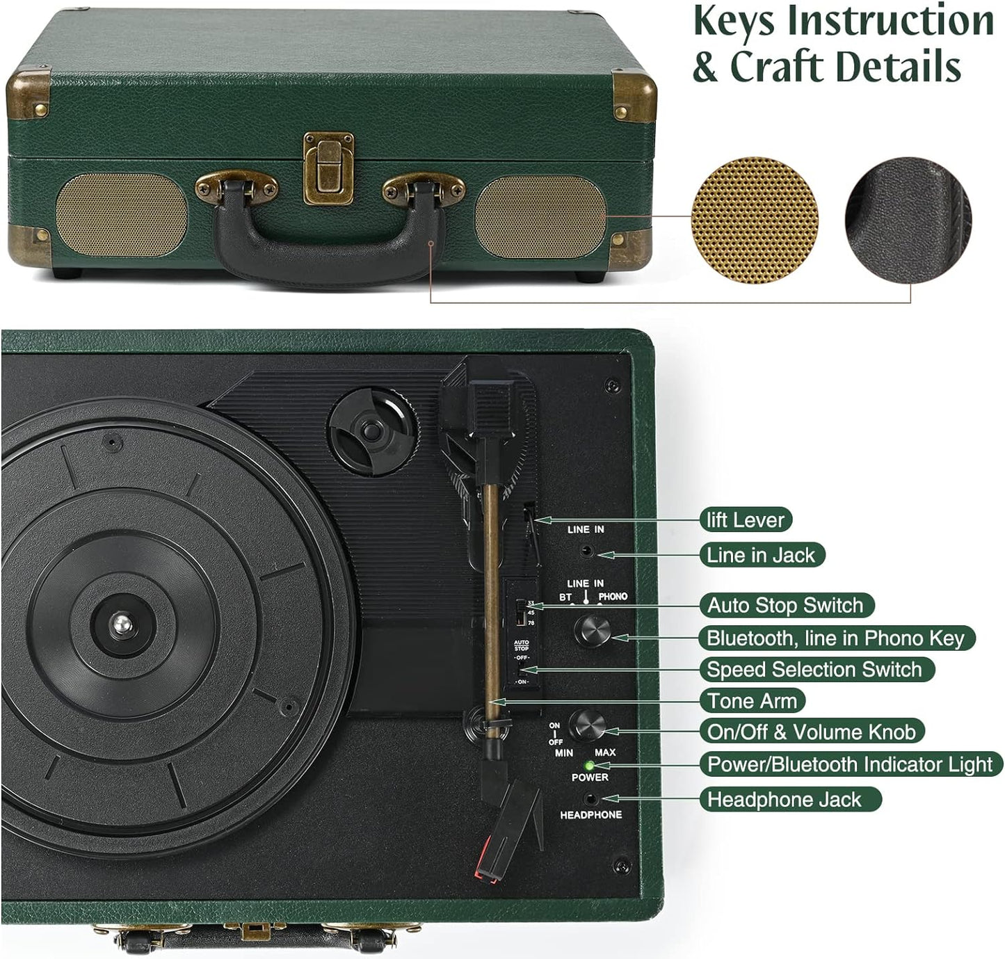 Portable Platine Vinyle à 3 Vitesses 33/45/78 Tourne Disque avec Enceintes Intégrées, AUX in et Prise RCA, Conception de Valise Rétro Vintage