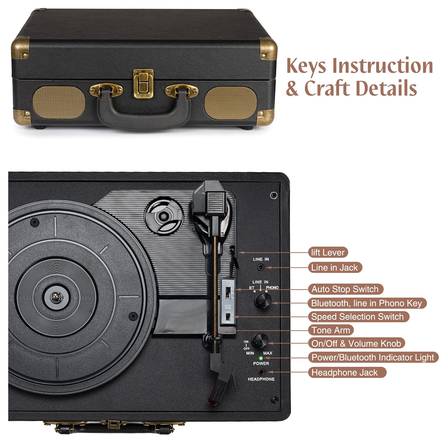 Portable Platine Vinyle à 3 Vitesses 33/45/78 Tourne Disque avec Enceintes Intégrées, AUX in et Prise RCA, Conception de Valise Rétro Vintage